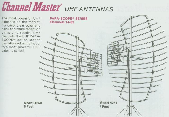 Channel Master Para-Scope 4250 and 4251 UHF TV parabolic antennas.
